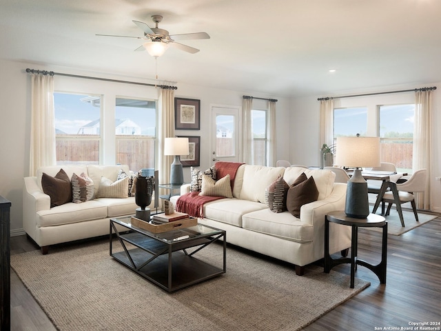 living room featuring ceiling fan, plenty of natural light, and hardwood / wood-style floors