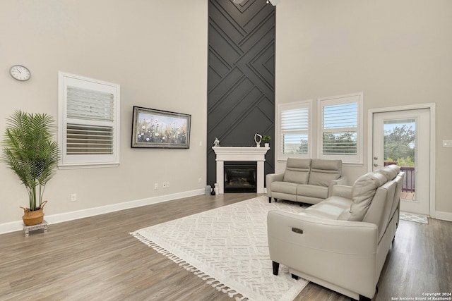 living room with a large fireplace, wood-type flooring, and a towering ceiling