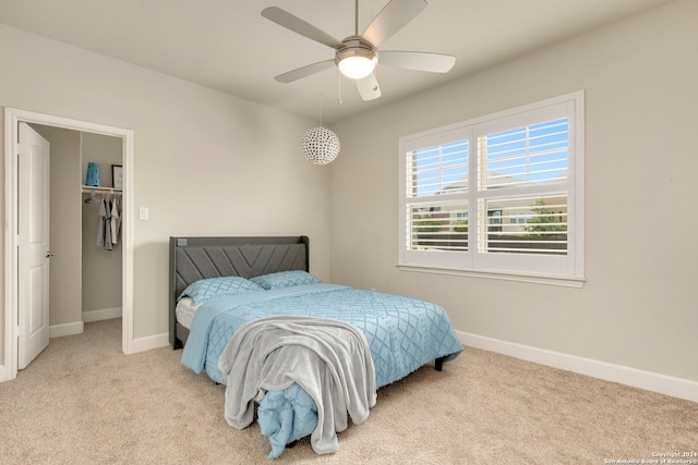 carpeted bedroom with a walk in closet, a closet, and ceiling fan