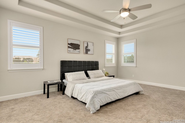 bedroom featuring a raised ceiling, multiple windows, ceiling fan, and carpet