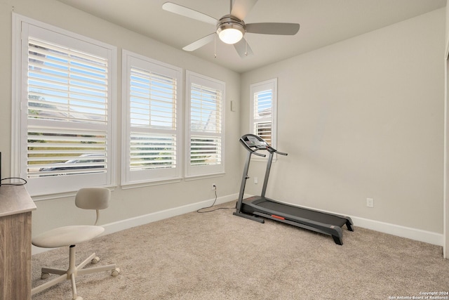 workout room featuring ceiling fan and carpet floors