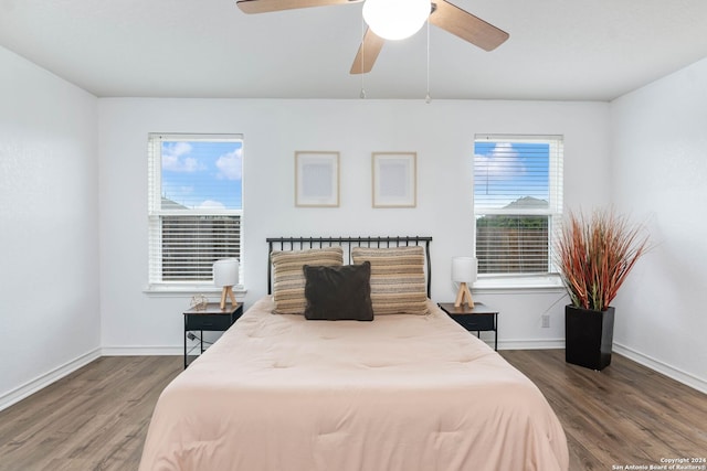 bedroom featuring ceiling fan, dark hardwood / wood-style flooring, and multiple windows