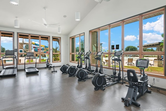 workout area featuring ceiling fan and lofted ceiling