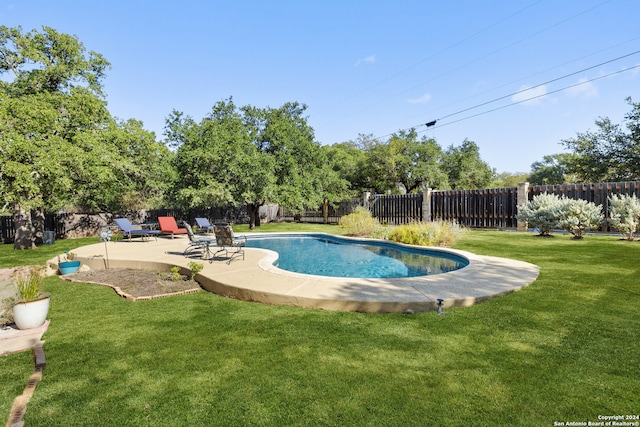 view of swimming pool featuring a yard and a patio