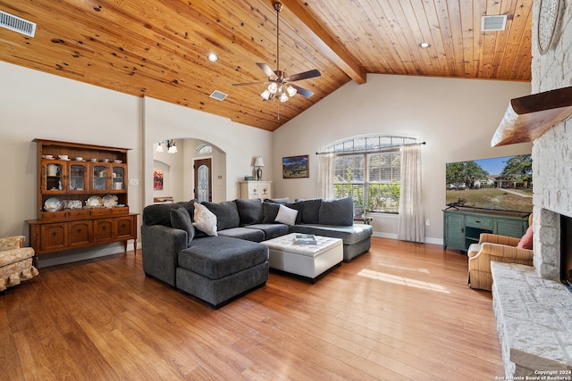 living room featuring beam ceiling, ceiling fan, high vaulted ceiling, and wood-type flooring