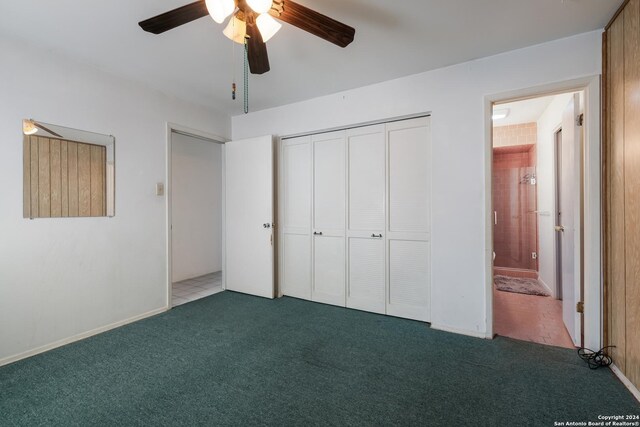 3947 Gayle Ave, San Antonio, TX 78223 - unfurnished bedroom featuring carpet flooring, a closet, connected bathroom, and ceiling fan