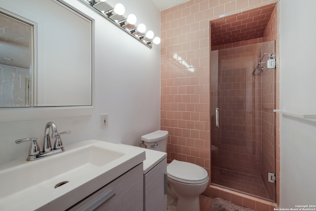 bathroom with vanity, toilet, and a shower with shower door