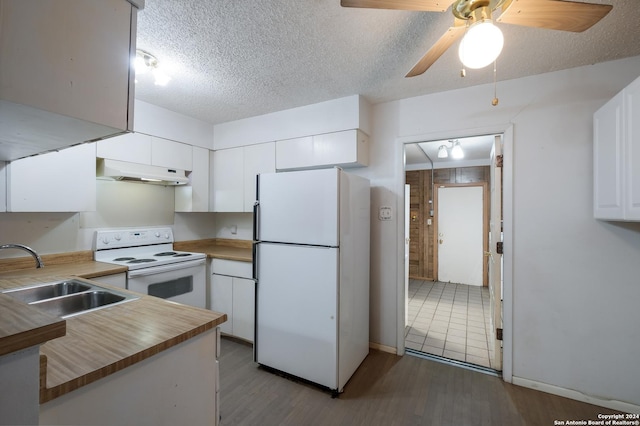 3947 Gayle Ave, San Antonio, TX 78223 - kitchen with white appliances, under cabinet range hood, a sink, wood finished floors, and a textured ceiling