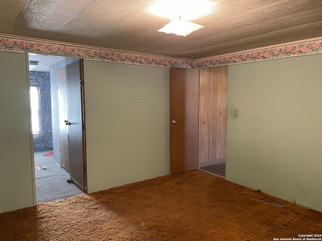 carpeted empty room featuring wood walls