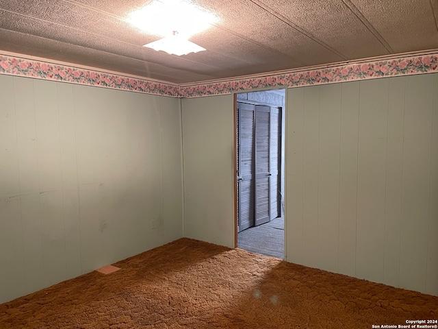 carpeted spare room featuring wood walls