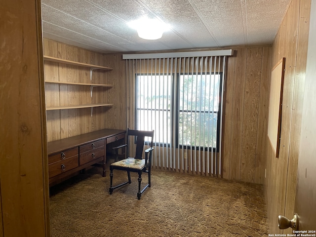 carpeted home office with a textured ceiling and wooden walls