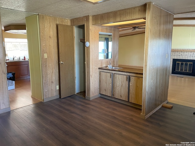 kitchen with a fireplace, a healthy amount of sunlight, dark wood-type flooring, and wooden walls