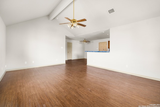 unfurnished living room with ceiling fan, beamed ceiling, dark wood-type flooring, and high vaulted ceiling