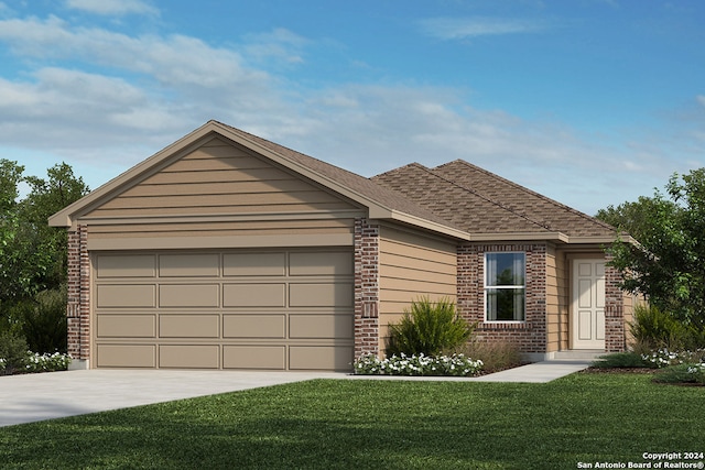 ranch-style home featuring a garage and a front yard