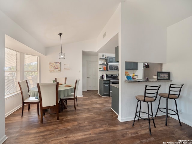 dining area with lofted ceiling and dark wood-type flooring