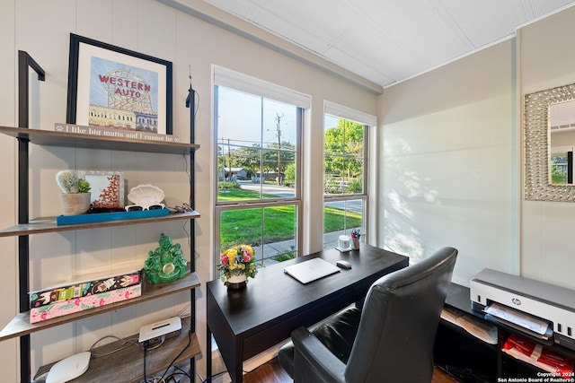 home office featuring hardwood / wood-style floors