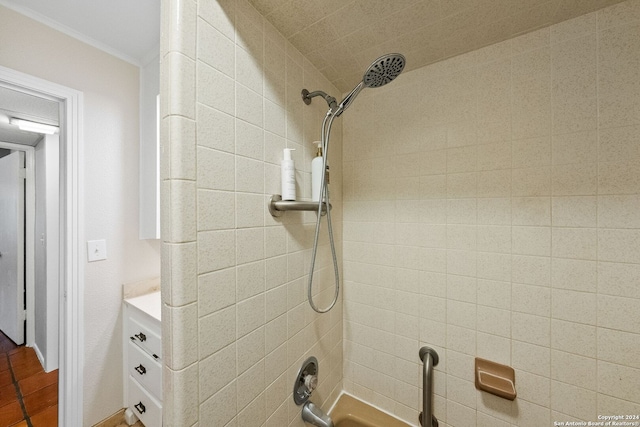 details with vanity and tiled shower / bath