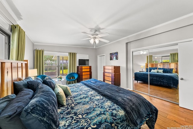 bedroom with multiple windows, ceiling fan, and ornamental molding