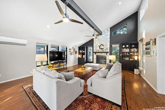 living room with a wall mounted air conditioner, ceiling fan, high vaulted ceiling, a fireplace, and dark hardwood / wood-style floors