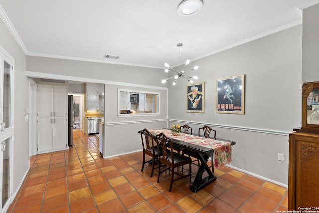 dining space featuring tile patterned floors, an inviting chandelier, and ornamental molding