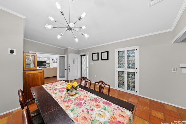 dining space with tile patterned flooring, crown molding, and a notable chandelier