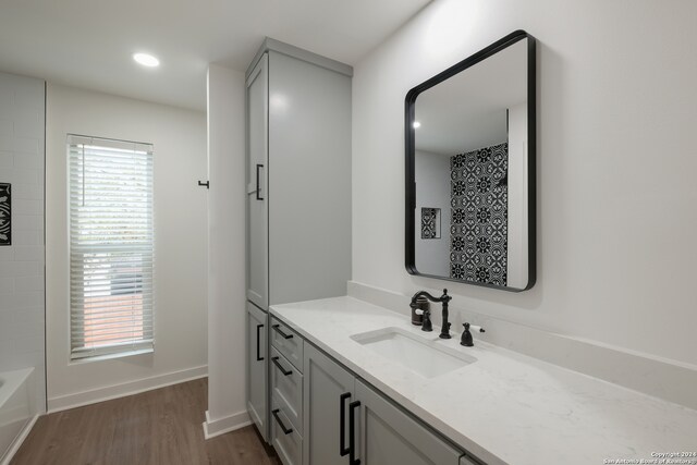 bathroom with vanity, a healthy amount of sunlight, and wood-type flooring