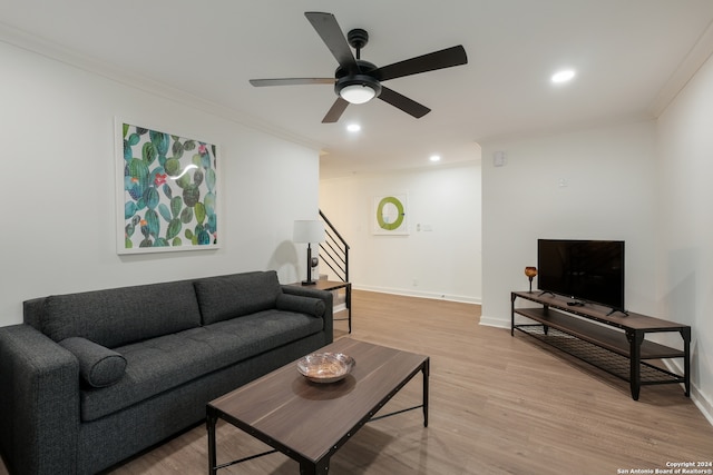 living room with light wood-type flooring, ceiling fan, and crown molding