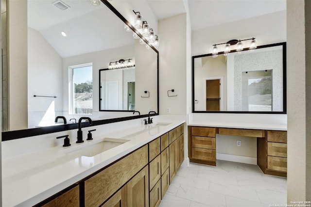 334 Dulce Vis, Boerne, TX 78006 - full bathroom with marble look tile flooring, double vanity, vaulted ceiling, and a shower