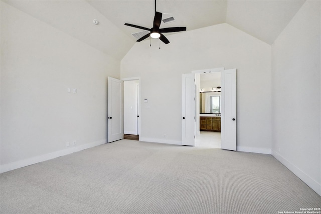 334 Dulce Vis, Boerne, TX 78006 - unfurnished bedroom featuring light carpet, baseboards, high vaulted ceiling, and a ceiling fan