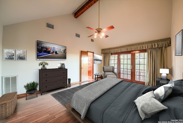 bedroom featuring access to exterior, ceiling fan, beamed ceiling, high vaulted ceiling, and light hardwood / wood-style floors