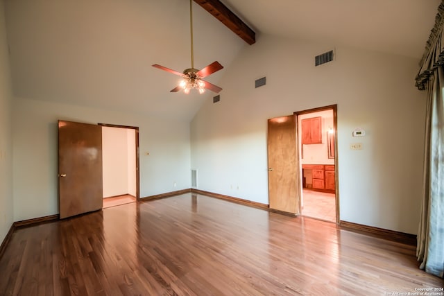 interior space featuring beam ceiling, ceiling fan, high vaulted ceiling, and wood-type flooring