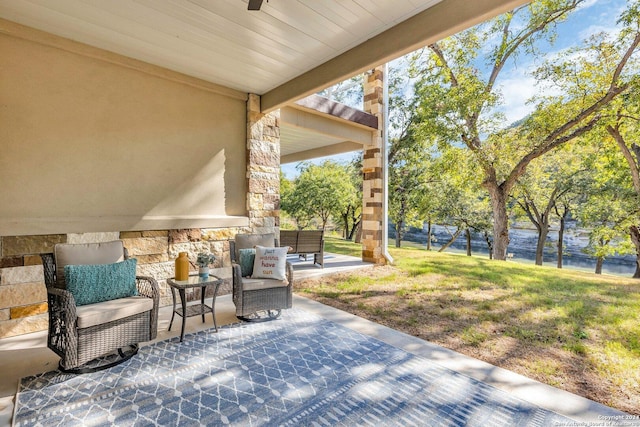 540 River Run Unit 114, New Braunfels, TX 78132 - view of patio / terrace with an outdoor hangout area and ceiling fan