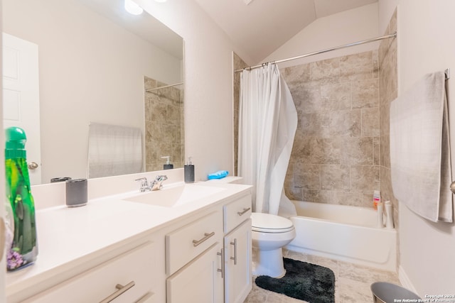 full bathroom with shower / bath combo, tile patterned floors, lofted ceiling, toilet, and vanity