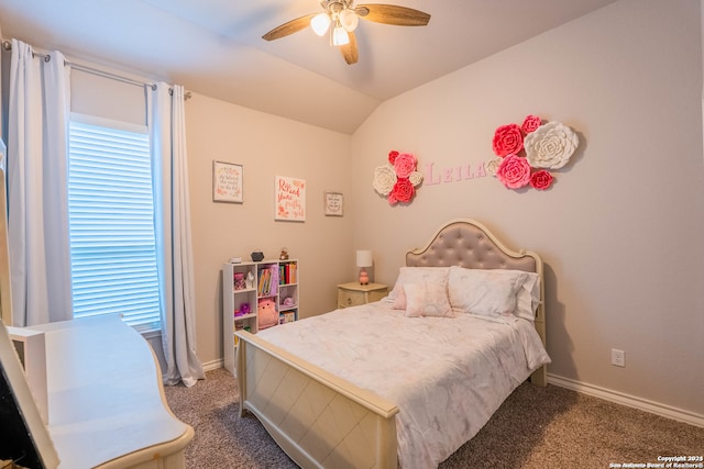 bedroom with ceiling fan, carpet, and vaulted ceiling