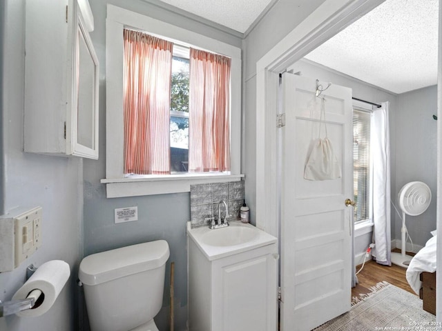 bathroom featuring hardwood / wood-style flooring, vanity, toilet, and a textured ceiling