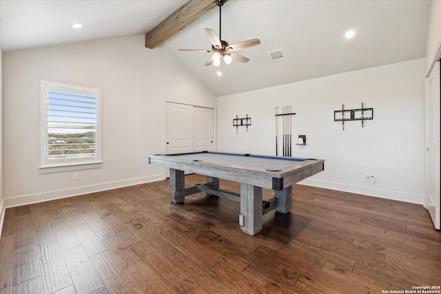 playroom with dark hardwood / wood-style flooring, ceiling fan, beam ceiling, high vaulted ceiling, and billiards