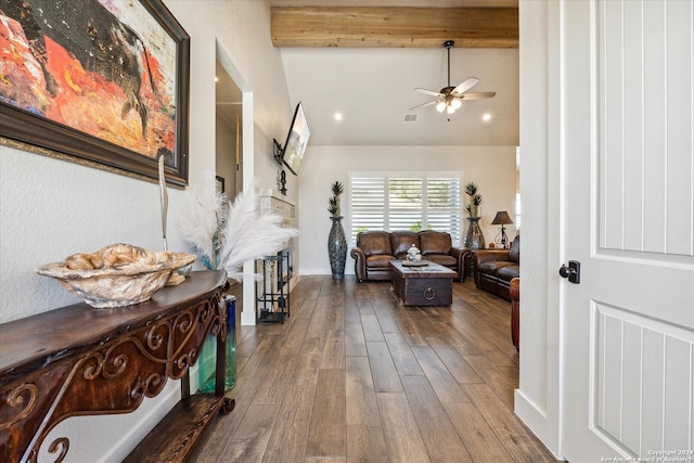 interior space with lofted ceiling with beams and wood-type flooring