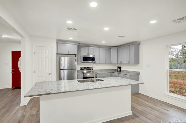 kitchen featuring light stone counters, sink, an island with sink, and appliances with stainless steel finishes