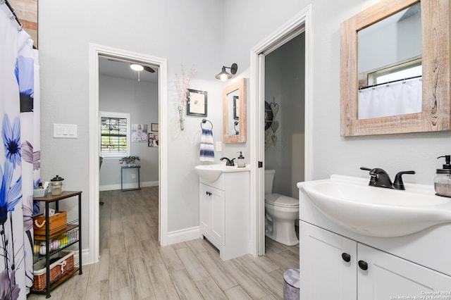 bathroom with vanity, hardwood / wood-style flooring, and toilet