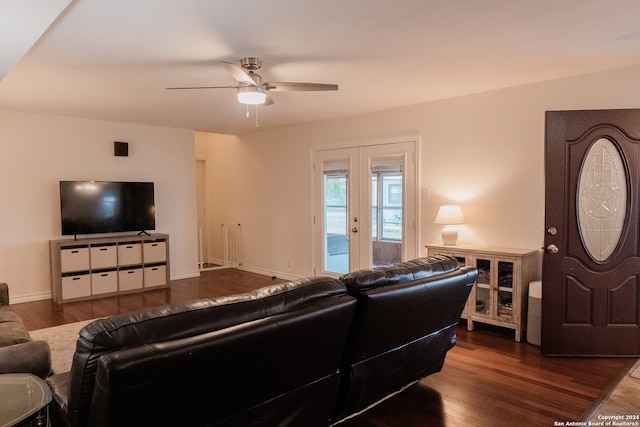 living room with ceiling fan, french doors, and wood-type flooring