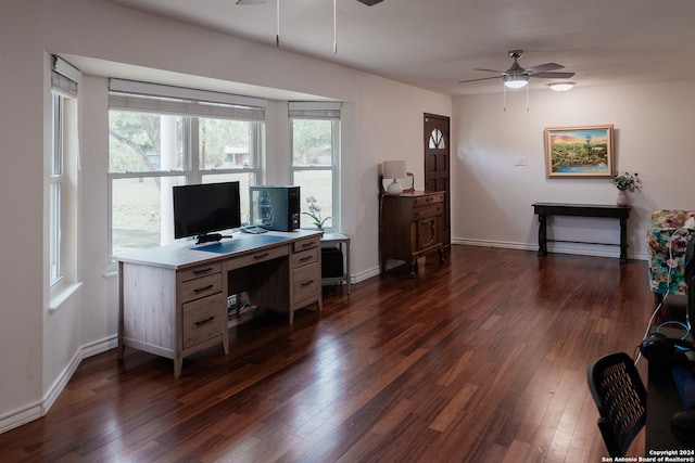 office with dark hardwood / wood-style floors and ceiling fan