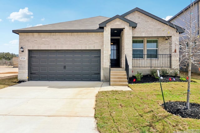 5728 Sendero Rnch, San Antonio, TX 78253 - view of front of house with brick siding, concrete driveway, a front lawn, a garage, and a porch