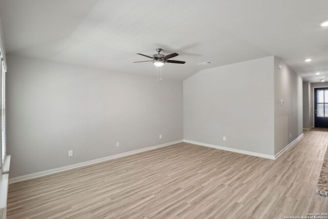 unfurnished room with light wood-style flooring, baseboards, recessed lighting, and a ceiling fan