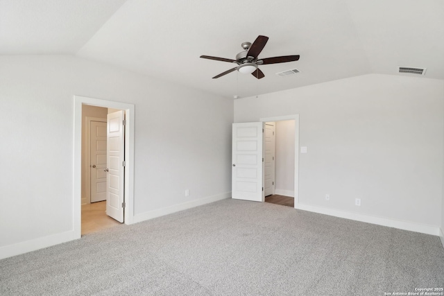 unfurnished bedroom with vaulted ceiling, light carpet, and ceiling fan