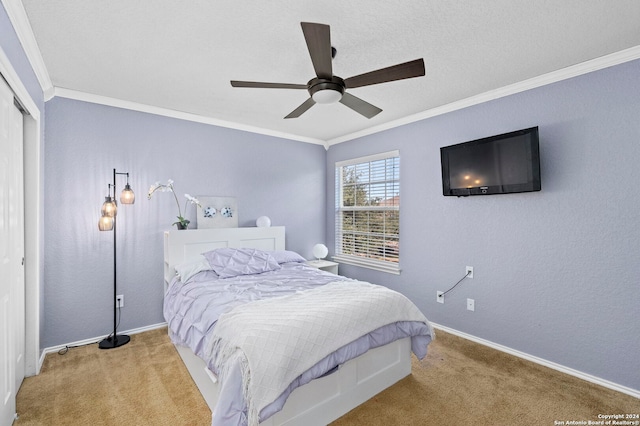 carpeted bedroom with ceiling fan, a closet, and ornamental molding