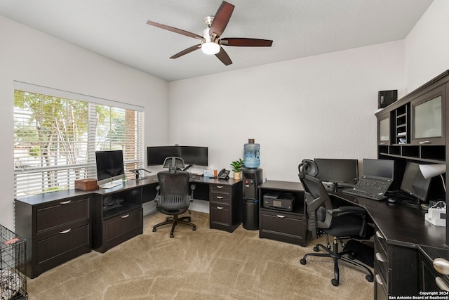 carpeted office with ceiling fan