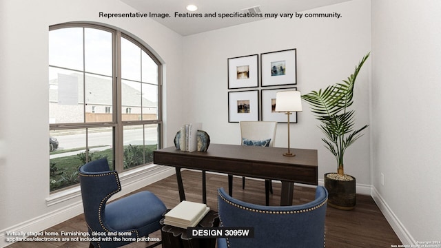 home office featuring a healthy amount of sunlight and dark wood-type flooring