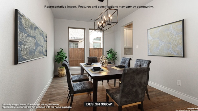 dining space featuring dark wood-type flooring and an inviting chandelier