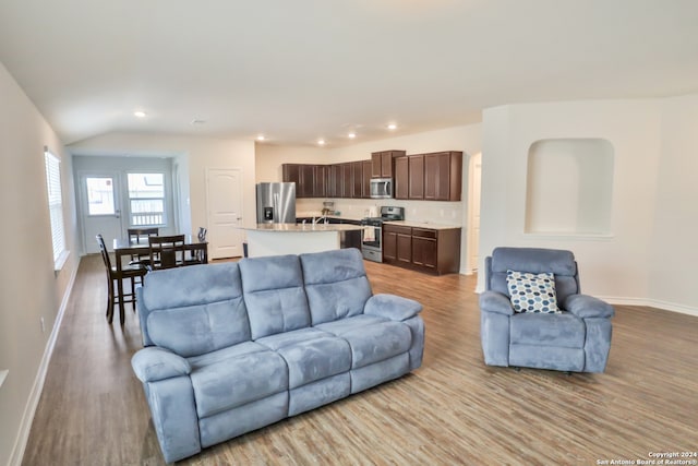 living room with lofted ceiling and light wood-type flooring