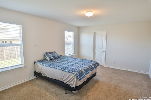 bedroom featuring light carpet and multiple windows